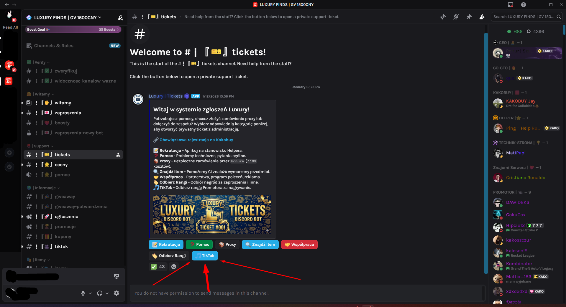 Ticket do administracji na Kakobuy Discord